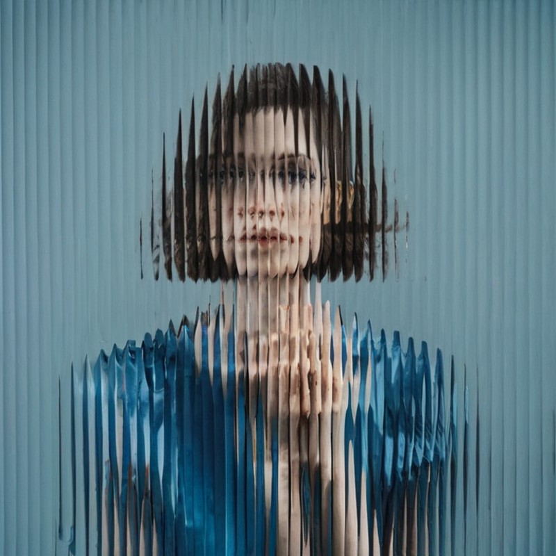 <lora:SDXL_Textured_glass_Test_Sa_May:1>  a woman, blue dress,  curved glass,  textured glass, fluted glass